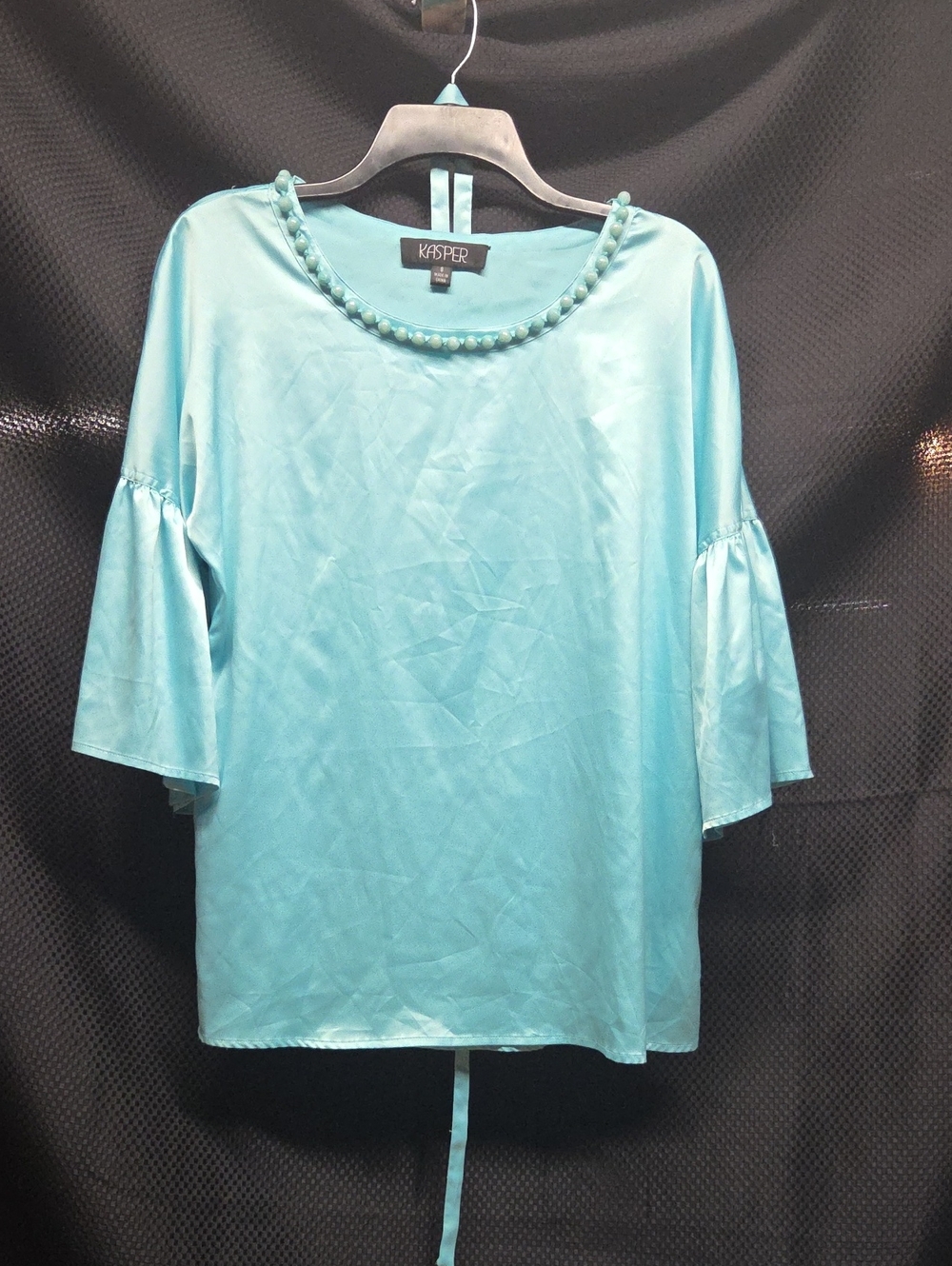 Kasper Light Turquoise Beaded-Neck Bell Sleeve Blouse With Sash/belt